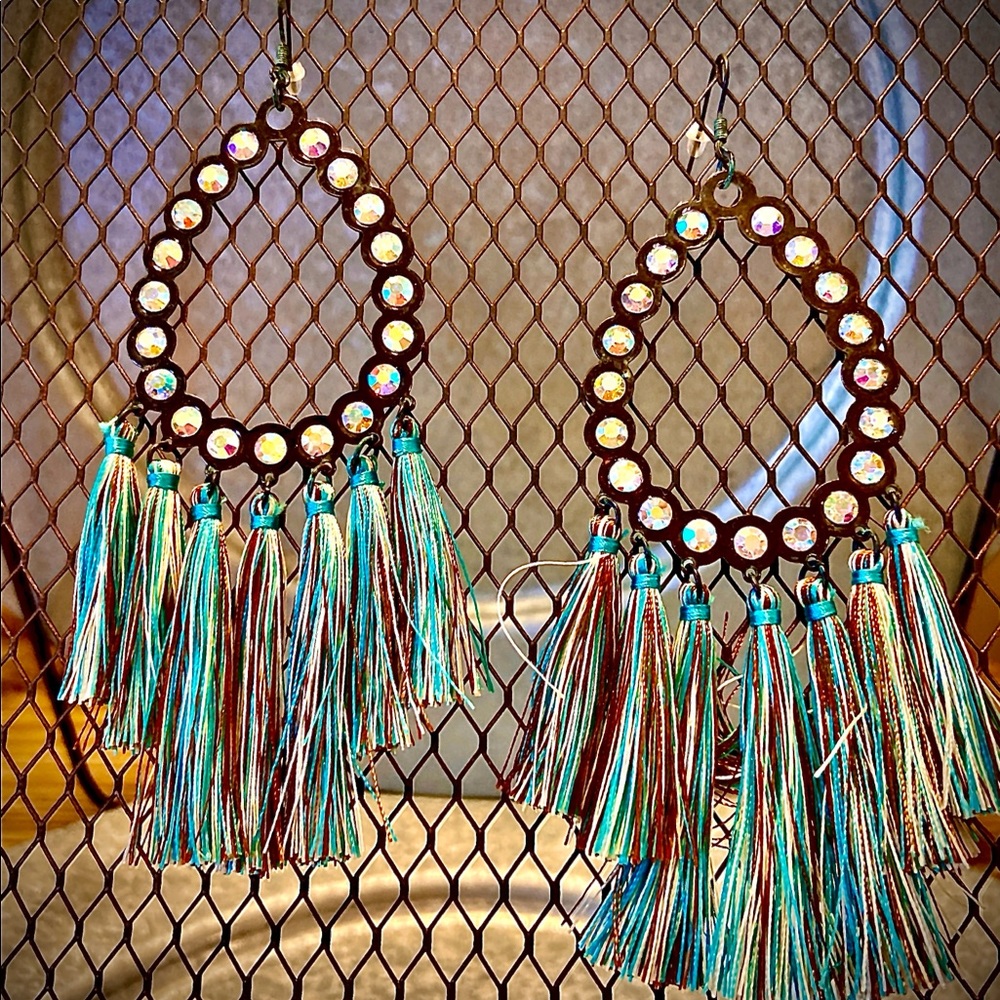LARGE RHINESTONE AND TASSEL EARRINGS